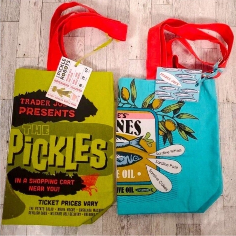 (2) NWT Trader Joe’s canvas tote Sardines and Pickles